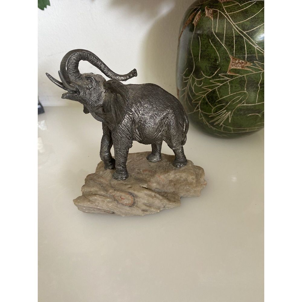 Bronze Elephant on a Marble Stone Solid Bronze Metal Sculpture Art Ornament 4.5"